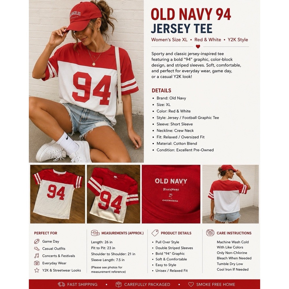 Old Navy 94 Jersey Tee XL Red White Colorblock Football Graphic Y2K Shirt